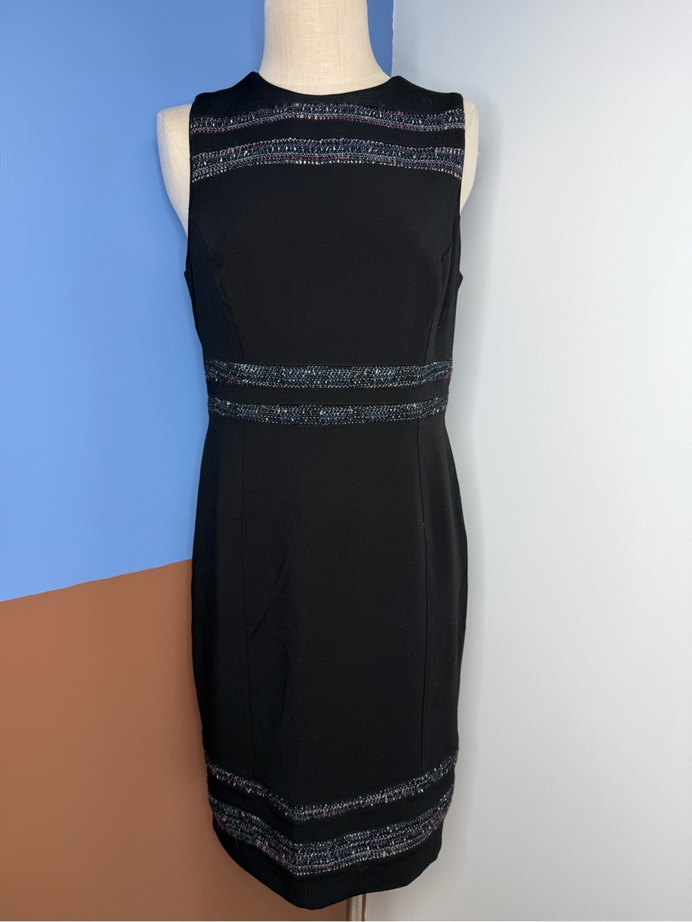 White House Black Market Black Ponte Tweed Striped‎ Insert Knit Sheath Dress 12P